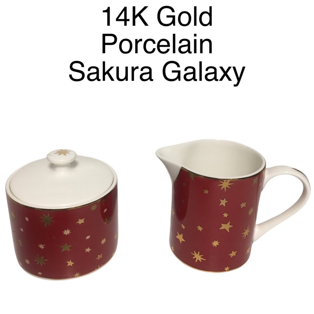 Vtg Sakura Galaxy Porcelain 14K Gold Sugar & Creamer 3 pc set Stars EUC Red Gold